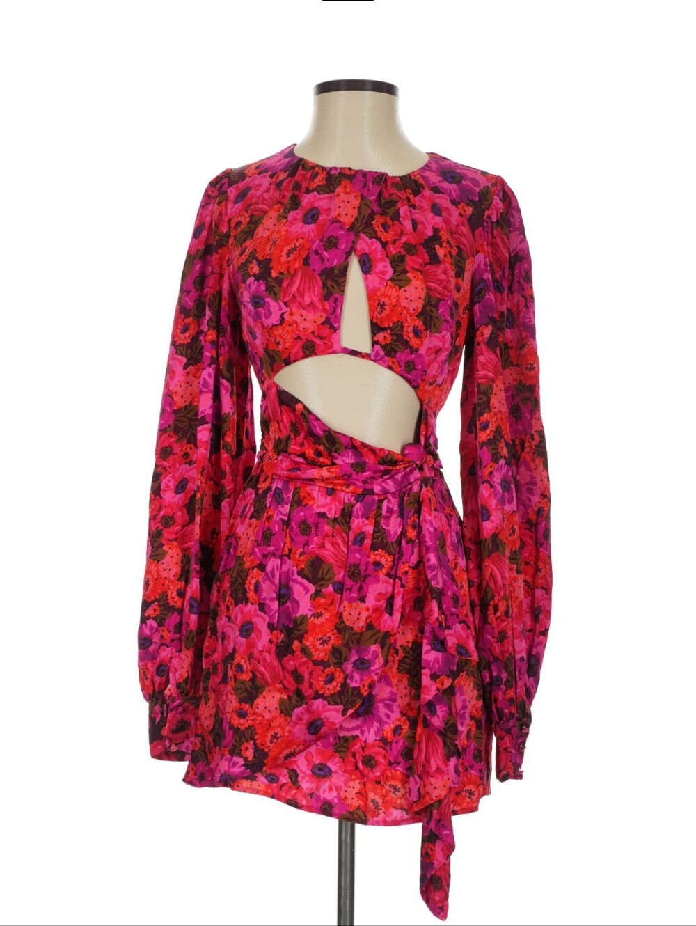 For Love & Lemons Lauren Cutout Long Sleeve Mini Dress in Fuchsia Floral Size M